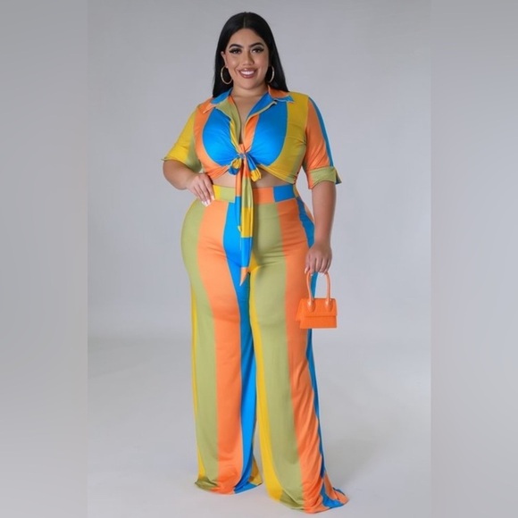 Women’s Plus Size Multi Color Two Piece Collar Self Tie Crop Top Wide Pants Set - Picture 3 of 14